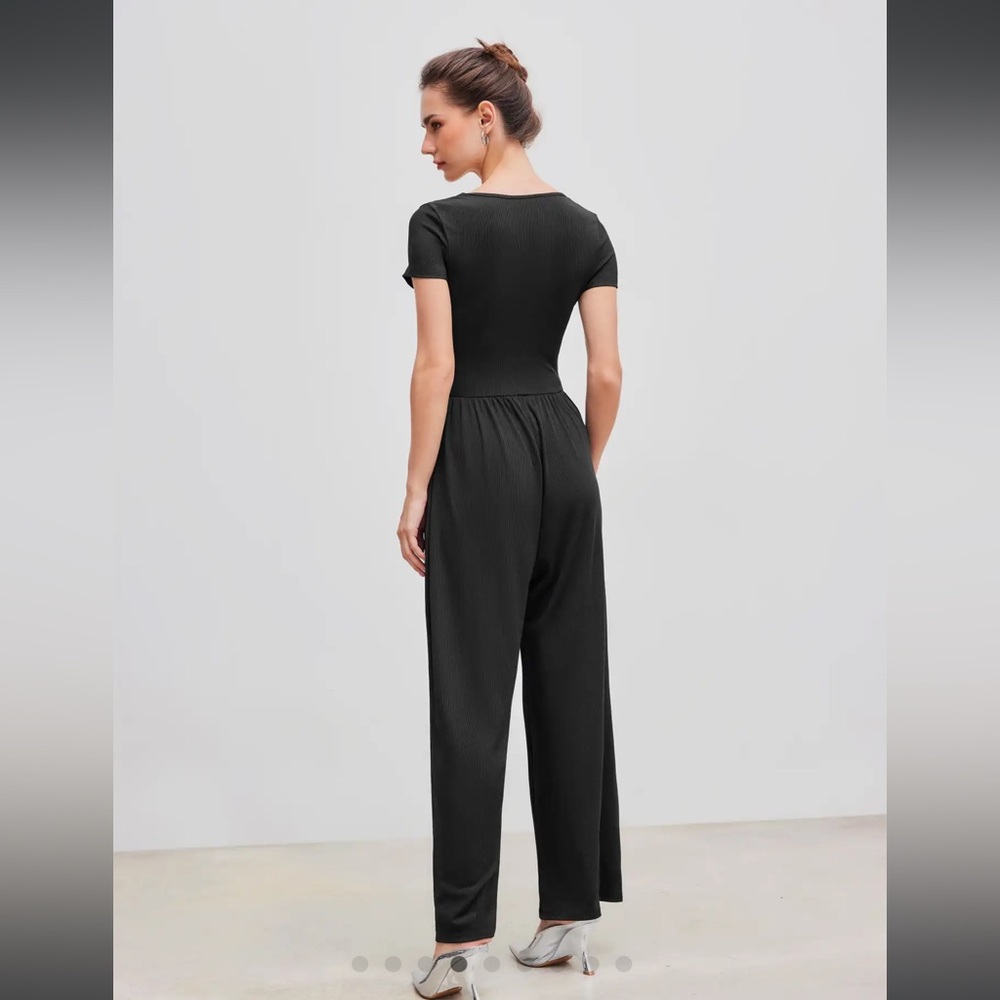 CIDER SCOOP NECK SHORT SLEEVE WIDE LEG RIBBED JUMPSUIT SZ M BLACK W/ POCKETS - Picture 7 of 11